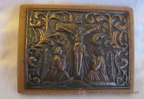 Antigüedades: - PEQUEÑA PLACA RELIGIOSA - JESUS EN LA CRUZ - ANTIGUA - COBRE SOBRE MADERA